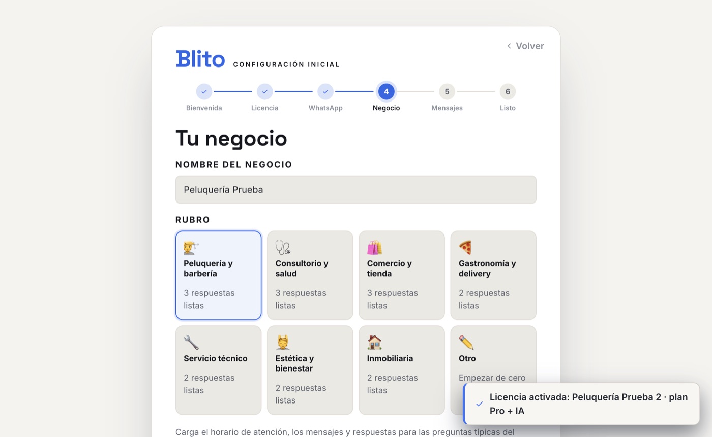 Asistente de configuración de Blito: elegir el rubro del negocio